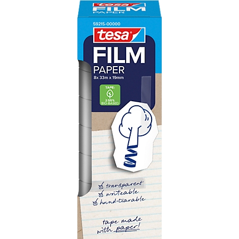 Tesa Film Paper: Rouleau de ruban adhésif avec emballage bleu, transparent, inscriptible et déchirable à la main.