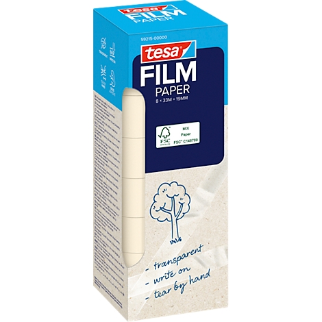 Emballage du produit avec rouleau de film tesa. Imprimé : "Tesa Film Paper", propriétés transparentes, sceau FSC.