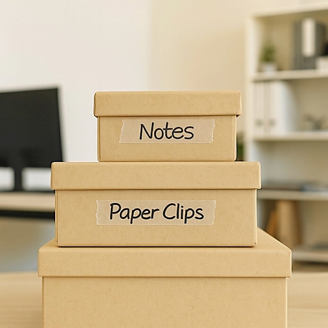 Trois boîtes en carton empilées. Sur le dessus, il est écrit : 'Notes'. Sur le milieu : 'Paper Clips'.