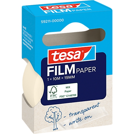 Tesa Film Paper in Verpackung, blau-weiß, Schriftzug. Transparent und beschreibbar.