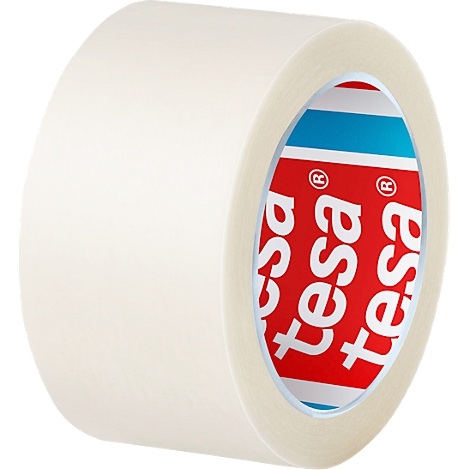 Große Rolle weißes Klebeband. Im Inneren ist das rote Logo von "tesa" zu sehen.