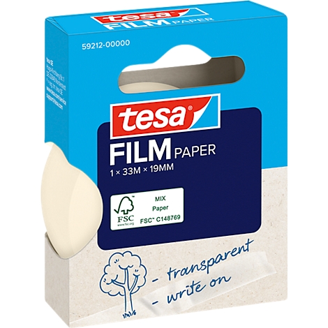 Blau-weiße Tesa-Film-Papier-Verpackung. Aufschrift: Transparent, beschreibbar. Daneben Rolle mit Papier.