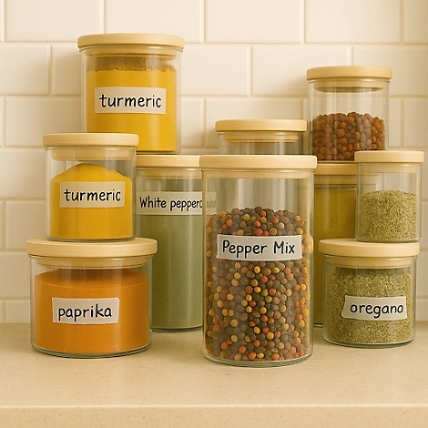 Diverse kruidenpotjes met etiketten: kurkuma, paprika, witte peper, pepermix, oregano, etc. Achtergrond: witte tegels.