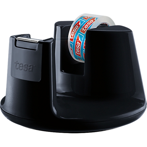 Zwarte Tesa-tapedispenser, met een rol tape. De tape is gedeeltelijk afgewikkeld en toont het logo.