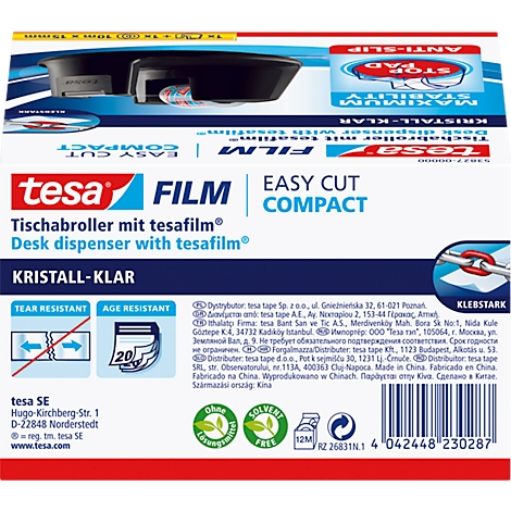 Blau-weiße Verpackung von tesa Film Tischabroller. Aufschrift: tesa, Film, Easy Cut Compact, kristallklar, alterungsbeständig.