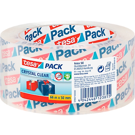 Clear tape roll with red and blue lettering. Printed: tesa Pack Crystal Clear.