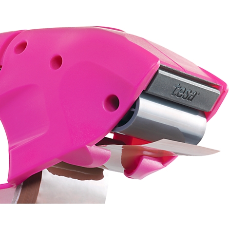 Close-up of a pink tesa tape dispenser. The grey roller holder is labelled with "tesa."