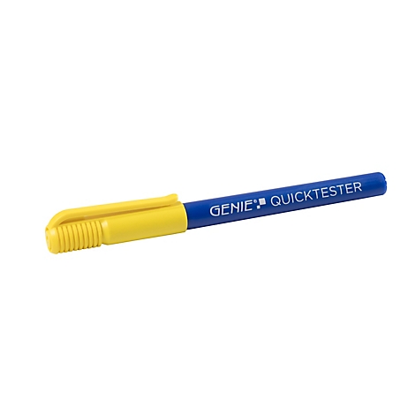 GENIE QUICKTESTER bleu et jaune. Le stylo a un capuchon jaune et lettrage.