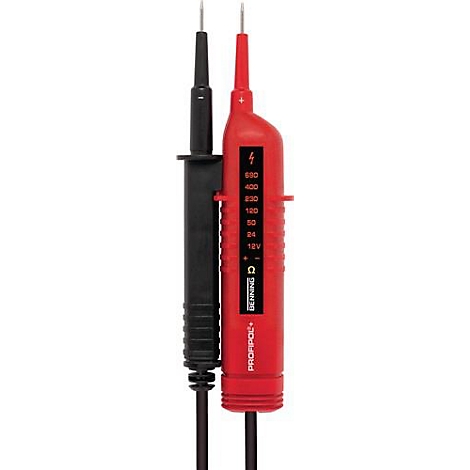 Un testeur de tension bipolaire rouge et noir. Sur le boîtier rouge se trouve une échelle avec des informations sur la tension et le logo de l'entreprise.