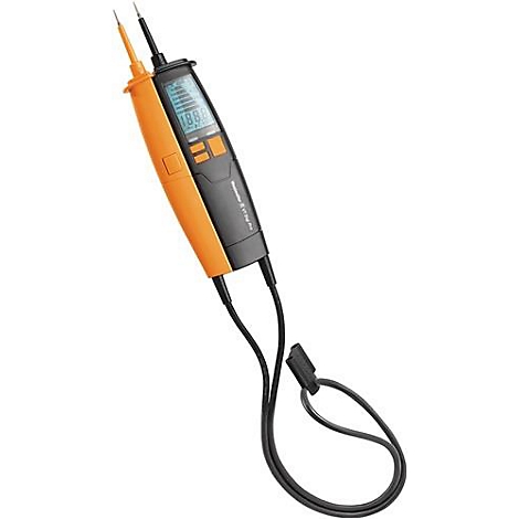 Un testeur de tension orange et noir avec un petit écran. Les cordons de mesure sont reliés par des câbles.