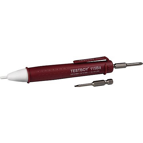 Un tournevis rouge avec l'inscription TESTBOY 115Bit et un embout supplémentaire.
