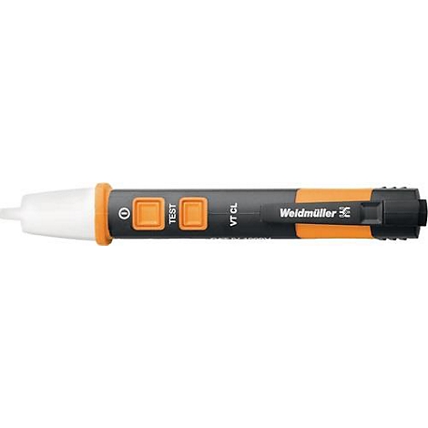 Un testeur de tension noir et orange avec "VT CL" écrit dessus, deux boutons et le mot "TEST".