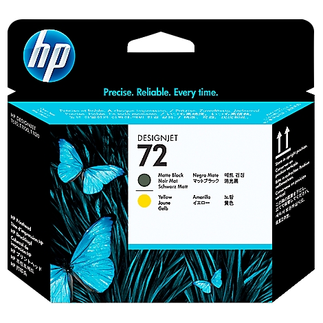 Une cartouche d'encre HP portant la mention "DESIGNJET 72", avec des papillons colorés sur un fond sombre.