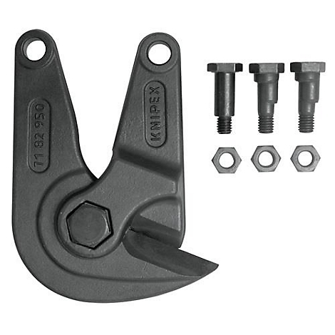 Coupe-boulons gris foncé avec pièces de rechange, sur fond blanc. L'outil indique "KNIPEX" et un numéro.