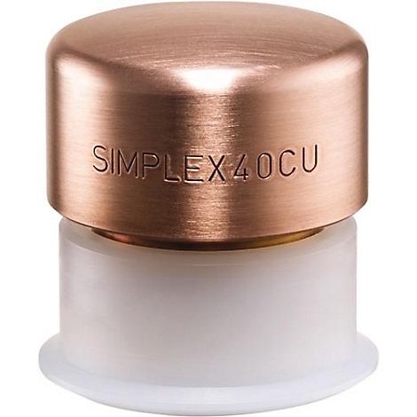 Couvercle de couleur cuivre avec l'inscription SIMPLEX40CU, posé sur une pièce en plastique blanc.
