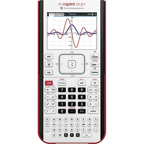 Ein roter und weißer TI-Nspire CX II-T Taschenrechner mit einem Bildschirm, der ein Diagramm mit zwei Kurven zeigt, und einer Tastatur.