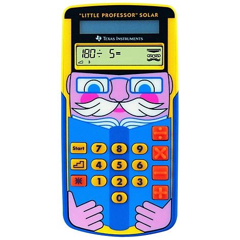 Ein bunter Taschenrechner, der wie ein Professor aussieht, zeigt eine Rechenaufgabe. Auf dem Display steht 180 ÷ 5 = .