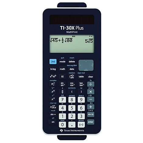 Dunkelblauer Taschenrechner TI-30X Plus. Im Display wird eine mathematische Gleichung angezeigt. Auf den Tasten sind Funktionen und Zahlen beschriftet.