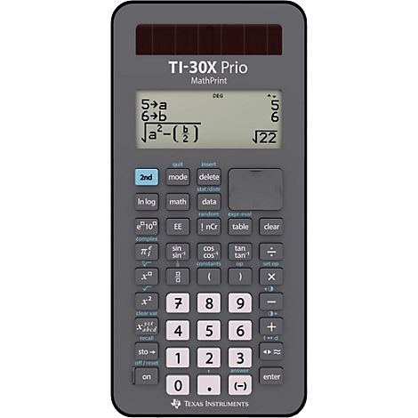 Grauer Taschenrechner mit Display, auf dem eine mathematische Formel und das Ergebnis angezeigt werden. Auf den Tasten sind Funktionen und Zahlen beschriftet.