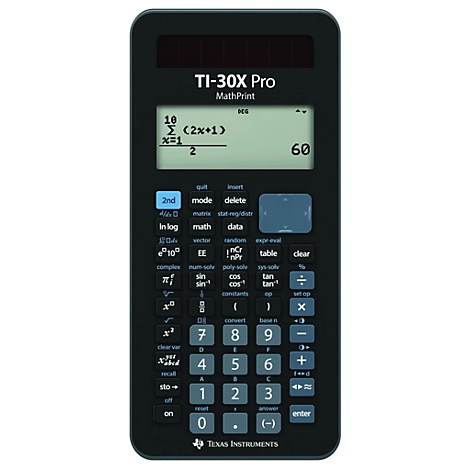 Schwarzer Taschenrechner mit Display, auf dem eine mathematische Formel und das Ergebnis 60 angezeigt werden. Blaue Tasten und der Schriftzug TI-30X Pro.