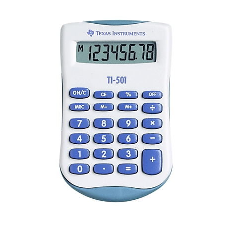 Weiß-blauer Taschenrechner mit Display, Tasten und der Anzeige 123456.78. Die Marke ist Texas Instruments.