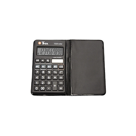 Schwarzer Taschenrechner mit aufgeklappter Hülle, die Zahlen auf dem Display zeigen: 1234567890.