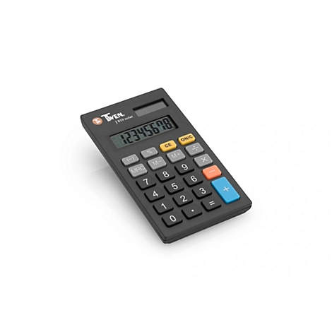 Schwarzer Taschenrechner mit Display, Tasten, Ziffernanzeige. "12345678" ist sichtbar.