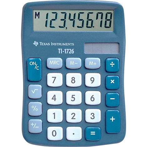 Blauer Taschenrechner mit Display, auf dem die Zahl 123.456.78 angezeigt wird. Tasten beschriftet mit Zahlen, Rechenoperationen und Funktionen.