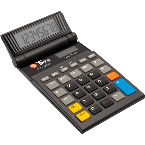 Ein grauer Taschenrechner mit Display, auf dem die Ziffern 12345678 angezeigt werden. Die Tasten sind schwarz, grau, orange und blau.