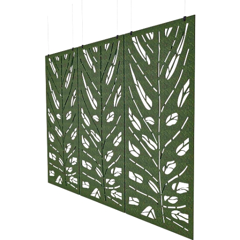 Groen decoratief scheidingspaneel met bladerontwerp. Uitgesneden bladvormen creëren een patroon dat licht doorlaat.