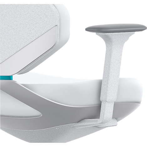 Close-up of a modern ergonomic seat with a gray armrest and a white cover.