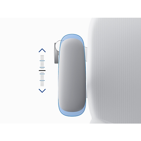 Close-up of a white device with blue lines and height adjustment indicator.