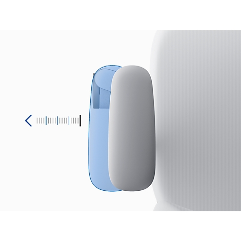 Close-up of an earbud in a blue case, next to a gray earbud inserted into a white ear. A blue bar indicates the volume.