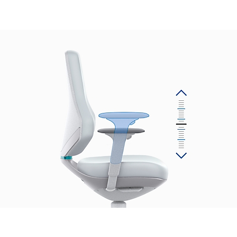 Side view of a white office chair. Blue highlighting of the armrest adjustment.