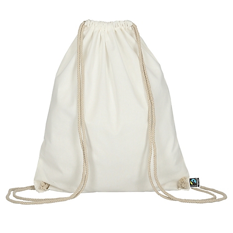 Witte stoffen tas met trekkoord en fairtrade keurmerk.