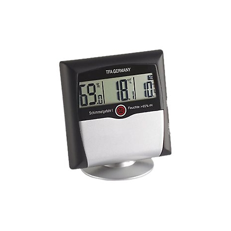 Digitales Thermo-Hygrometer von TFA mit Displayanzeige für Temperatur, Luftfeuchtigkeit und Schimmelwarnung.
