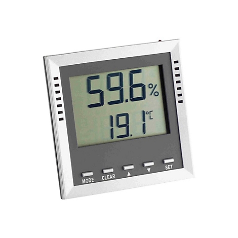 Digitales Hygrometer mit grauem Display und silbernem Rahmen, zeigt 59,6% Luftfeuchtigkeit und 19,1 Grad Celsius an.