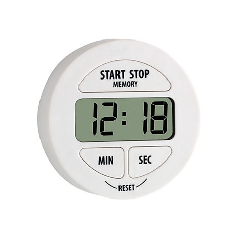 Runder, weißer digitaler Kurzzeitmesser mit LCD-Anzeige, drei Tasten für Start/Stop, Minuten und Sekunden.