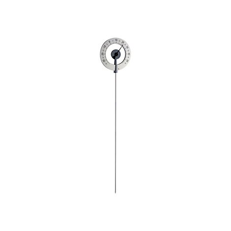 Rundes Edelstahl-Thermometer mit langem Messstab vor weißem Hintergrund.