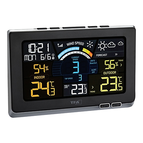 Digitale Wetterstation von TFA mit farbigem Display zeigt Zeit, Windgeschwindigkeit, Temperatur und Feuchtigkeit.