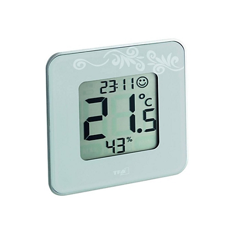 Digitales Thermo-Hygrometer mit weißem Rahmen und floralem Design auf weißem Hintergrund.