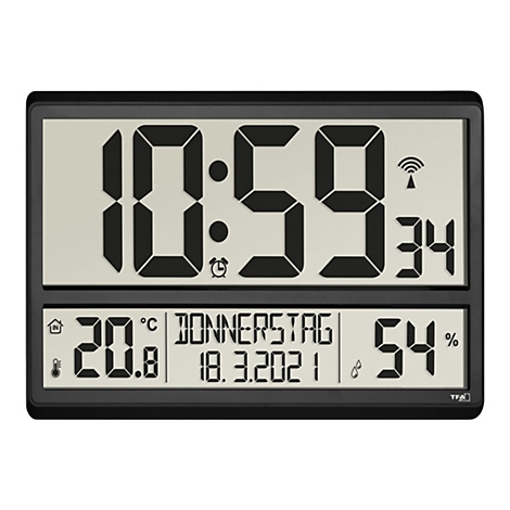 Digitaluhr mit schwarzem Rahmen, zeigt 10:59 Uhr, Datum Donnerstag 18.3.2021, 20,8 Grad und 54 Prozent Luftfeuchtigkeit.