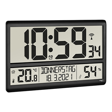 Digitaler Wandwecker mit schwarzem Rahmen, zeigt 10:59 Uhr, Datum, Innentemperatur und Luftfeuchtigkeit an.