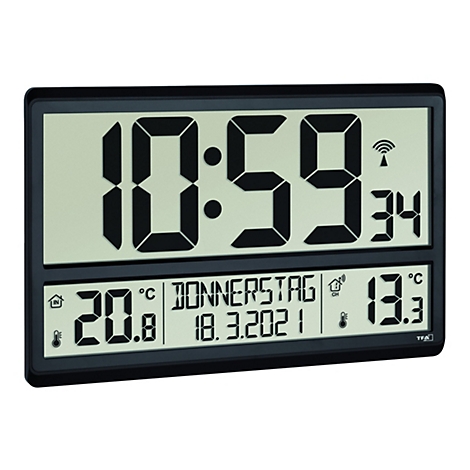 Digitale Wanduhr mit schwarzem Rahmen, zeigt Zeit, Wochentag, Datum und Innen- sowie Außentemperatur an.