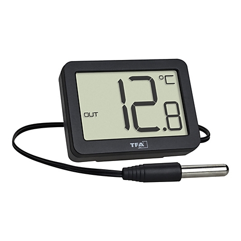 Digitales TFA-Thermometer in Schwarz mit Displayanzeige 12,8 Grad Celsius und externem Sensor am Kabel.