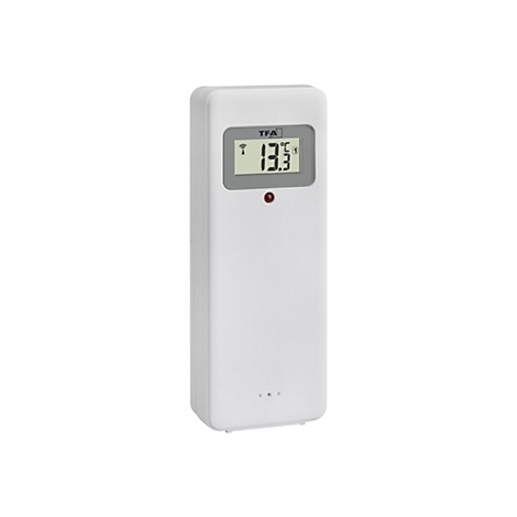 Weißer, rechteckiger Außensensor mit Displayanzeige der Temperatur von 13,3 Grad Celsius und TFA-Logo.