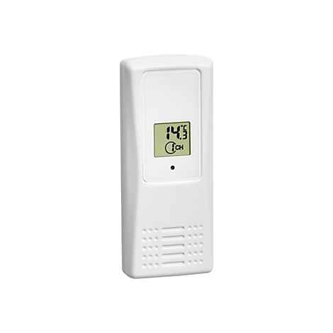 Weißer, länglicher Außensensor mit Displayanzeige 14,3 Grad Celsius und Kanalanzeige.