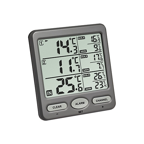 Digitales Thermometer in Grau mit Displayanzeige für drei verschiedene Kanäle, MIN/MAX-Werten und drei Steuertasten.