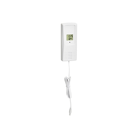 Weißer Außensensor mit LCD-Display, Temperaturanzeige und Kabelanschluss vor weißem Hintergrund.