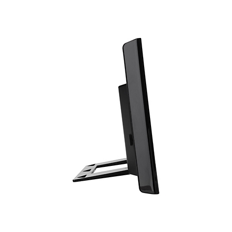 Seitenansicht eines flachen, schwarzen digitalen Bilderrahmens mit ausgeklapptem Standfuß.